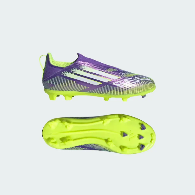 adidas-f-50-league-laceless-fgmg-purple-rush-cloud-white-lucid-lemon-gs-jh7743 Category | SUFC Shirts & Football Gear